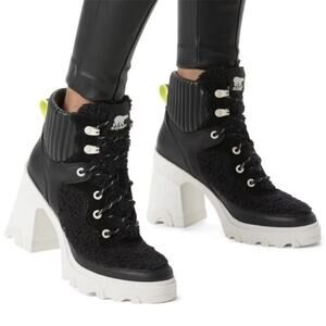NWOT Sorel Brex Heel Cozy Lace Up Waterproof Boots Black/Sea Salt - Sz 9